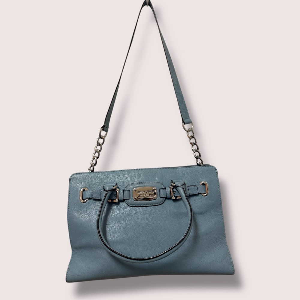 Michael Kors Leather Satchel Crossbody Blue Silver Tone Chain Strap